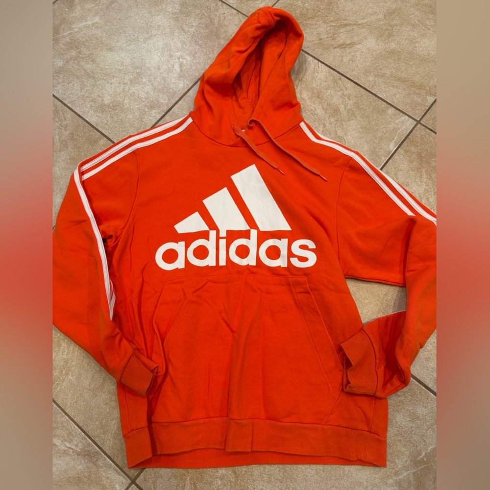 adidas Bright Orange Pullover Hoodie with White Logo Sz Large
